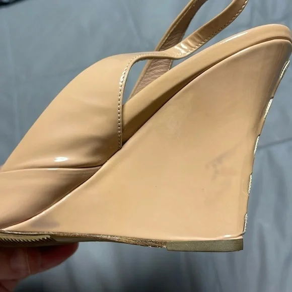 Miu Miu Wedge Patent Leather Pink Nude Sling Back Heel Flawed Size 4